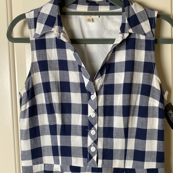 Maison Jules Small Gingham Dress Navy Blue White Sleeveless Collared Neckline - Picture 2 of 5
